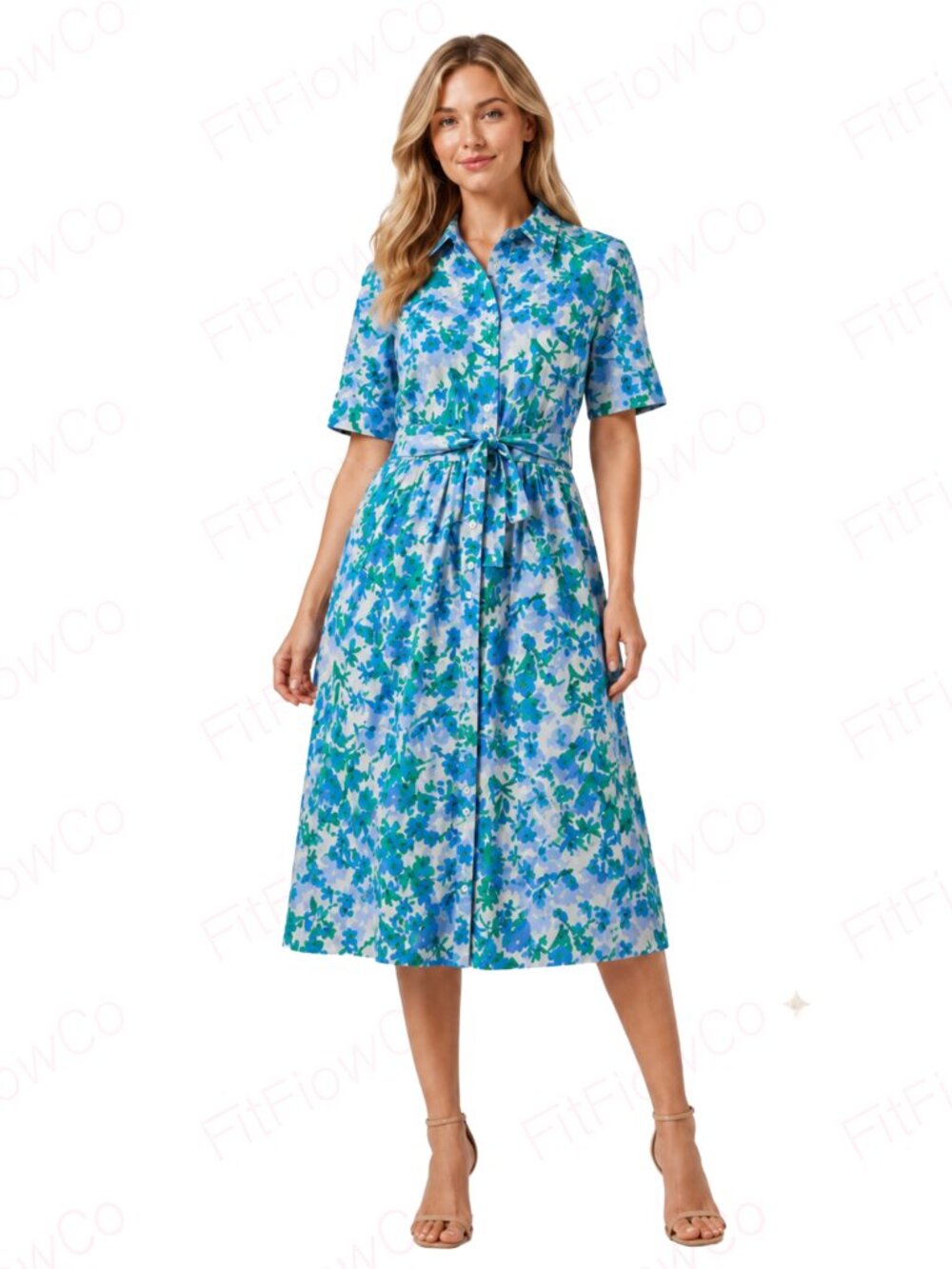 DKNY Floral Cotton Button Front Shirtdress Women 6 Belted Blue Green NWT